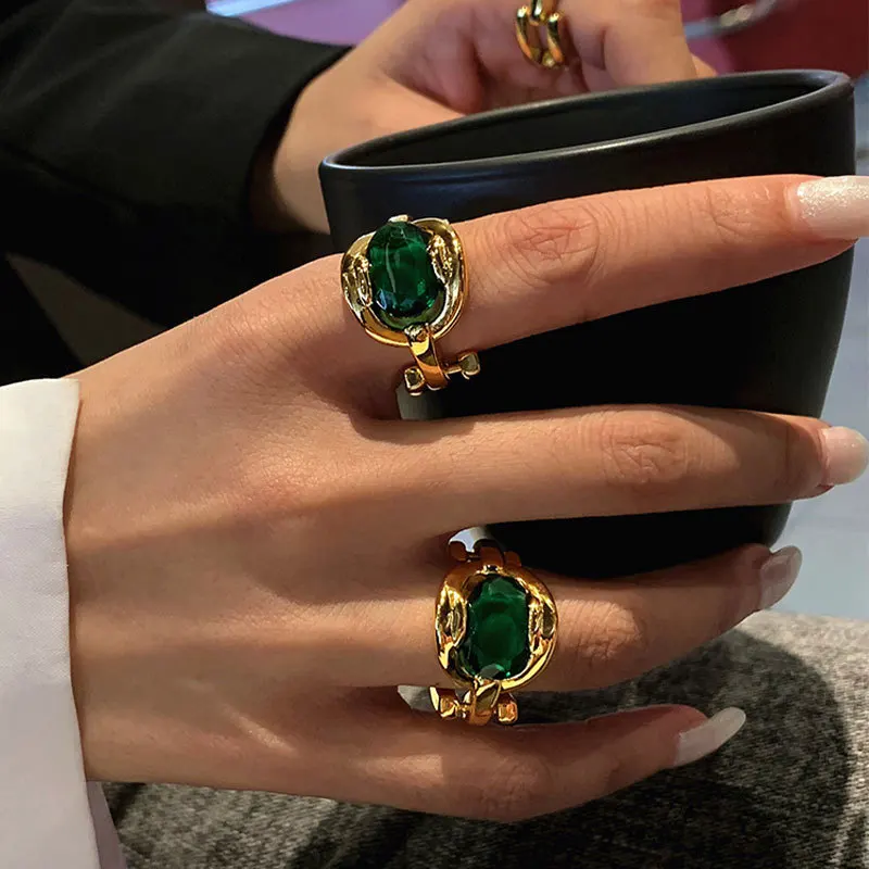 

Emerald Zircon Ring Open Adjustable Ring Female Gold Ins Retro Style Index Finger Ring Waterproof Jewelry Finger Accessories Gif