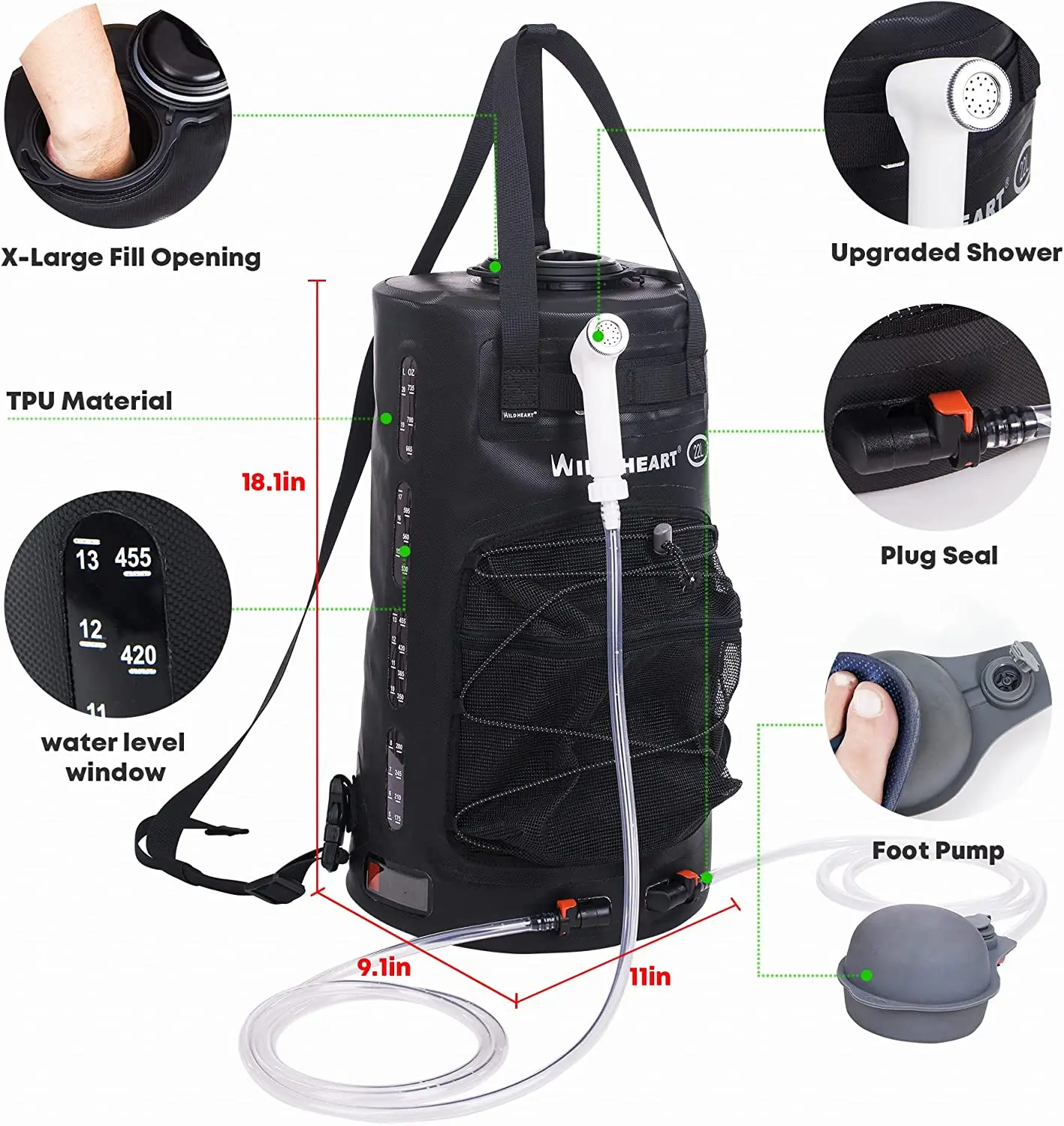 Spedizione Gratuita Wild Heart Camping Shower Bag Doccia Portatile Per Il Campeggio Con Pompa A Pedale A Pressione E Tubo Flessibile-Zaino Per Doccia 