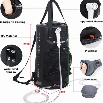와일드 하트 캠핑 샤워 백, 압력 풋 펌프 및 호스 포함, 휴대용 캠핑 샤워, 태양열 샤워 배낭, 무료 배송