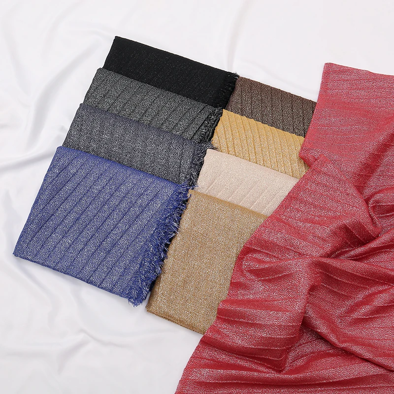 Schlichte Lurex Glitter Schimmer Falten Schal Schal Dame klassisches Design glänzendes Stirnband Wrap einfarbige Quaste Schals muslimischen Hijab – Detail 1