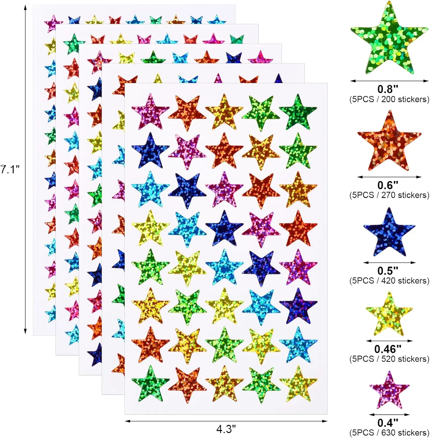Holographic Glitter Star Stickers - 5 Sizes for Kids' Reward Charts and DIY Décor