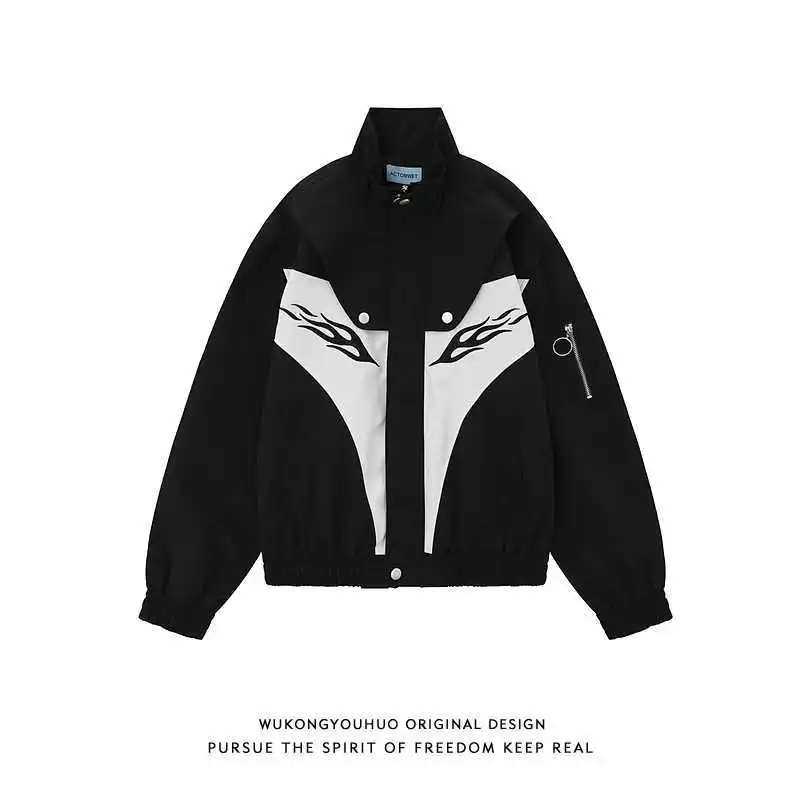 Jacket Personalized Stitching Stand Collar Jackets Men Women Loose Casual Coat Couples Zipper Buttons Long Sleeves Tops