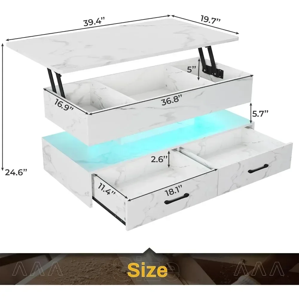 40 Inch Lift Coffee Table, Living Room Coffee Table with Storage, Small Coffee Table with 2 Drawers and LED Light