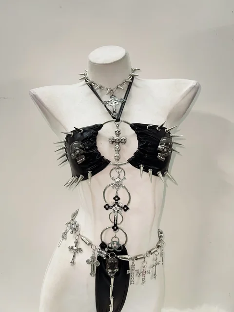 Spikey Skull Chain Bikini and Pants Set 3