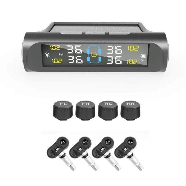 TPMS Solar Powered Car Tire Pressure Monitoring System with 4 Wheel Internal External Sensors Tyre Auto Security Alarm Tester