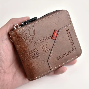 Portafoglio da uomo in pelle di olio di cera PU per uomo Portamonete Porta carte corto da uomo Portafogli con cerniera attorno al portamonete