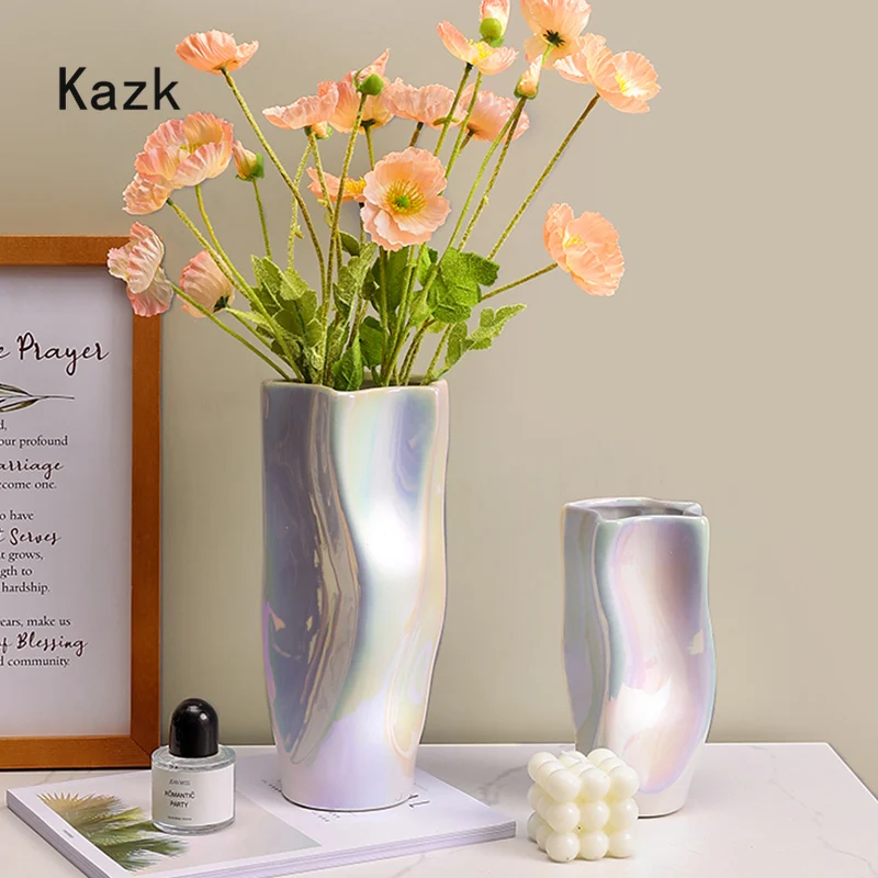 

Nordic Ceramic Vase Pearlescent White Curved Surface Craft Light Luxury Home Hydroponic Flower Vases Art Living Room Decoration