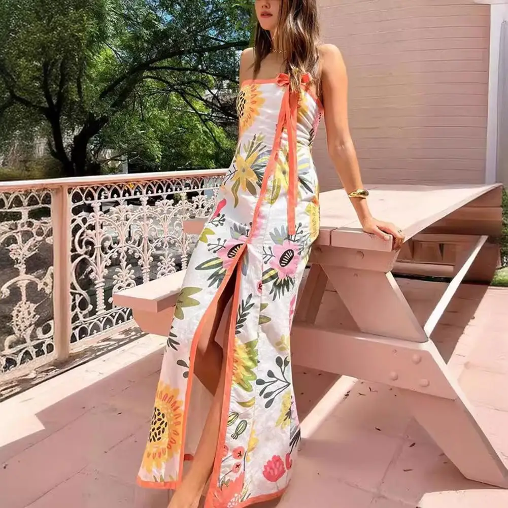 

Women Vacation Dress Bandeau Split Floral Hem Lace-up Strap Decor Backless Slim Fit Resort Wear Summer Beach Maxi Dress