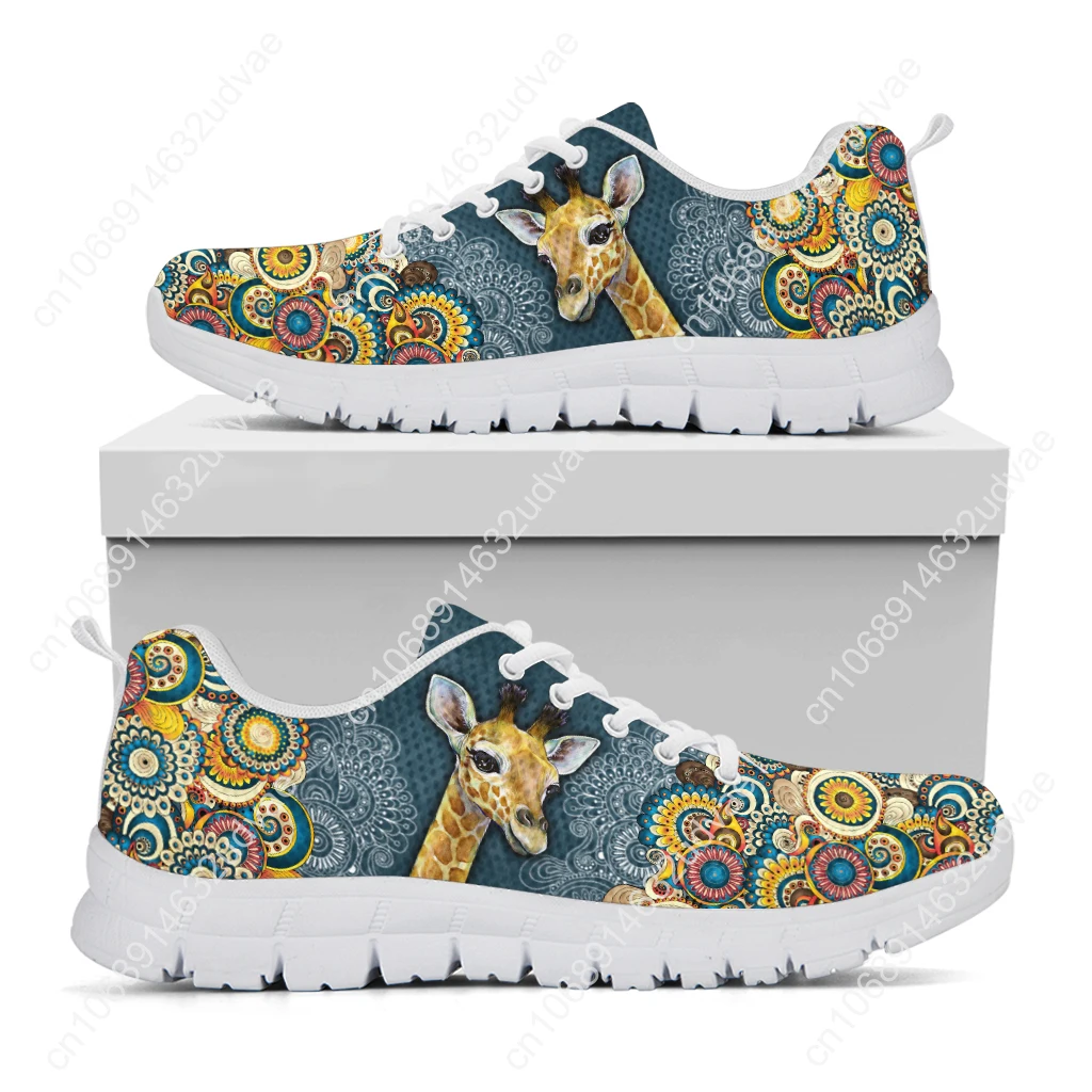 Bohemian Style Lace-up Shoes Cartoon Giraffe Print White Platform Sneakers Comfortable And Breathable Summer Shoes
