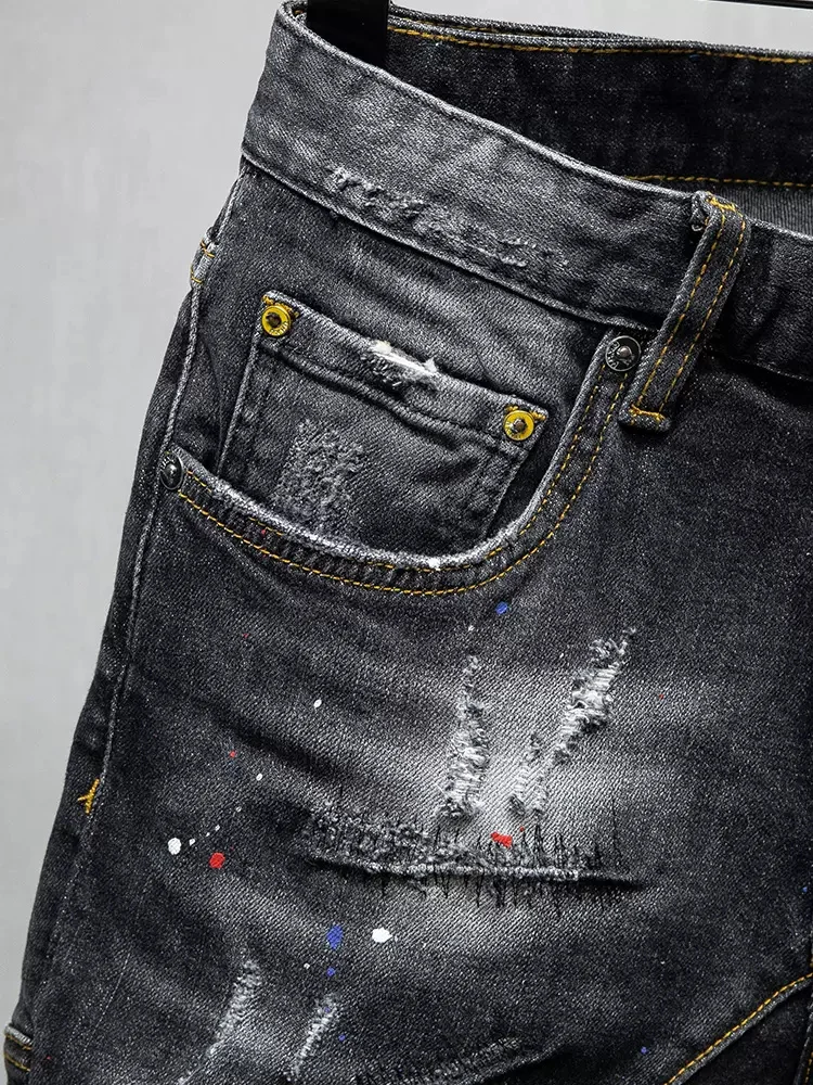 Summer Fashion Men Jeans Retro Black Gray Stretch Elastic Spliced Ripped Short Jeans Painted Designer Hip Hop Denim Shorts Men