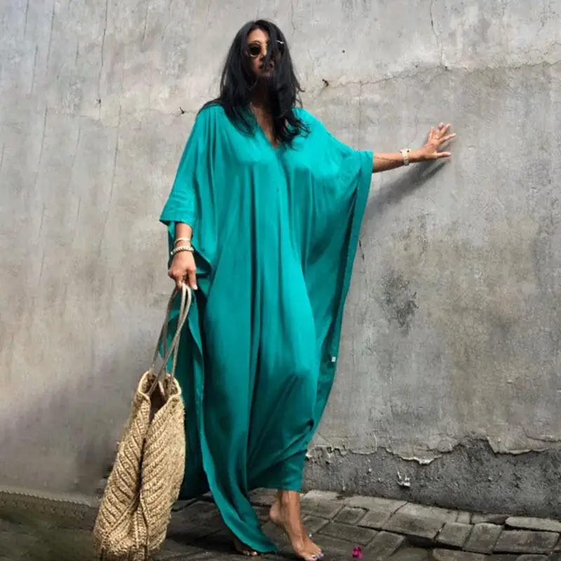 Solid Color Bikini Cover-ups Loose Women Beach Dress Robe De Plage Summer Kimono Dress Beach Wear Swim Suit Cover Up
