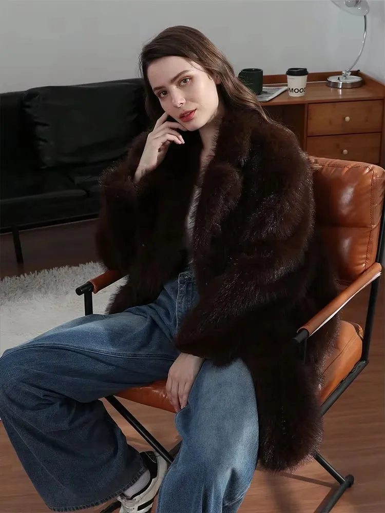 HH Women Fashion Faux Fur Long Coat Elegant Solid Lapel Long Sleeve Jacket 2025 Autumn Winter Warm Thicken Yellow Outwear