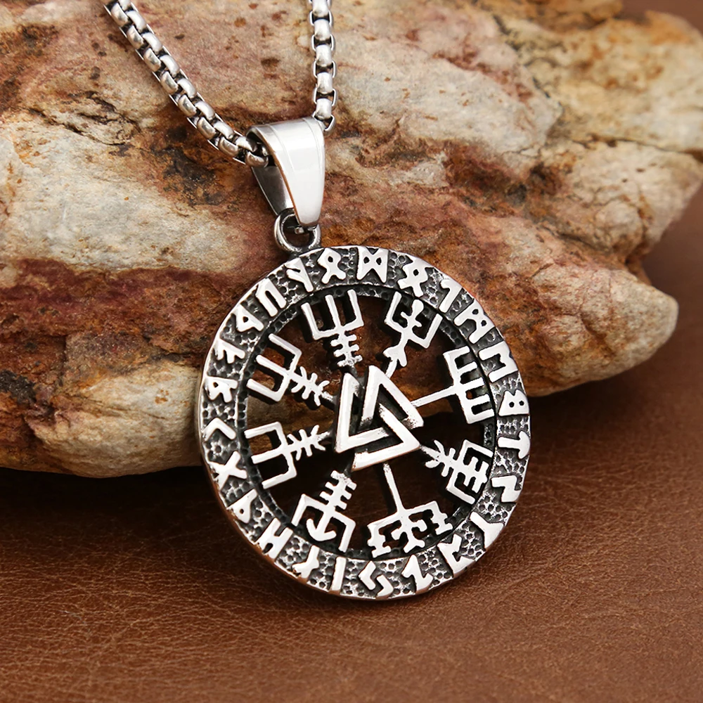 Punk Vintage Nordic Viking Compass Pendant for Men Women 316L Stainless Steel Odin Runes Necklace Biker Amulet Jewelry Wholesale