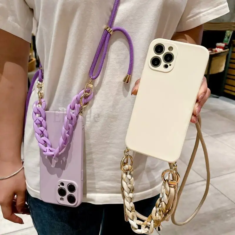 Elegant Marble Agate Chain Crossbody Phone Case with Liquid Silicone Finish