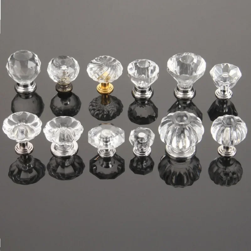 Diamond Clear Crystal Glass Transparent Acrylic Door Knob Furniture Cupboard Pulls Drawer Knobs Kitchen Cabinet Handle and Screw furniture knobs