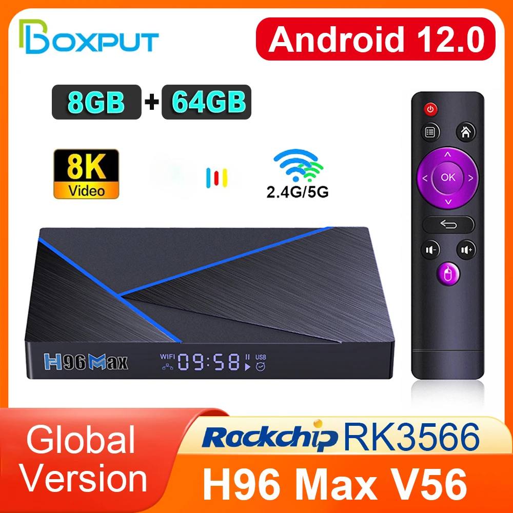 Boxput H96 Max V56 Android Tv Box Rk3566 Tv Box Android 12 8K Hdr 5G Wifi Bt Mini Set Top Box Lettore Multimediale 8Gb 64Gb