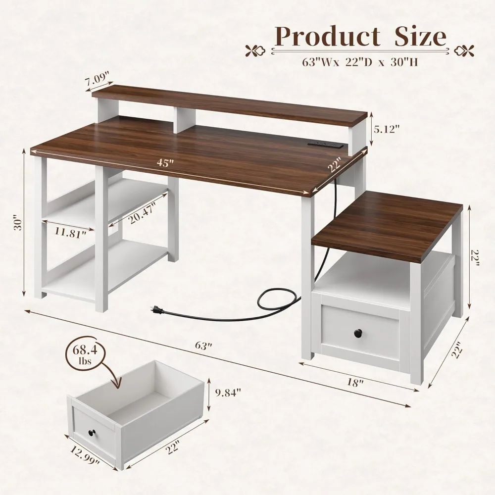 63" Computer Desk with Drawers Cabinet, Office Desk with Power Outlets, Home Office Desks with Shelves Monitor Stand, Farmhouse 2