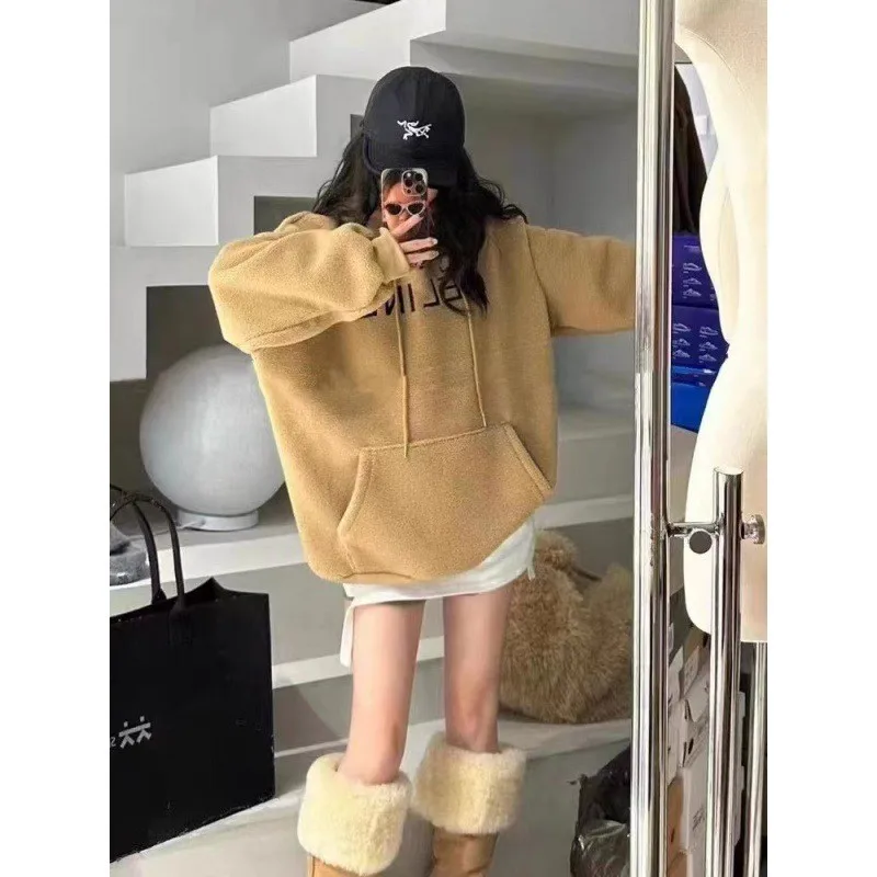 

Hooded Pullover Sweater for Women, Loose and Lazy, Thick Lamb Hair, American Letter Embroidery, Autumn and Winter Coat, New