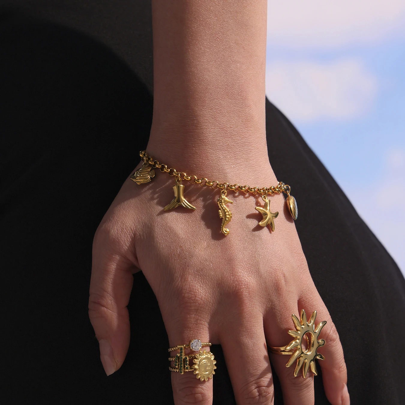 316 Edelstahl Herz-Armband Damenmode Muschel-Elefanten-Anhänger 18K Vergoldetes Handarmband Verblasst Nicht Schmuck – Detail 6