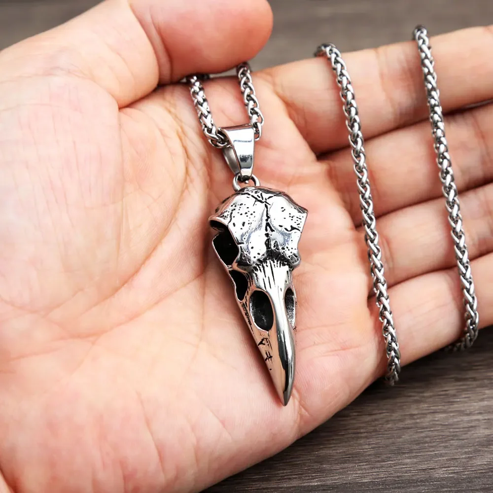 Nordic Odin Crow Skull Pendant Necklace Gothic Stainless Steel