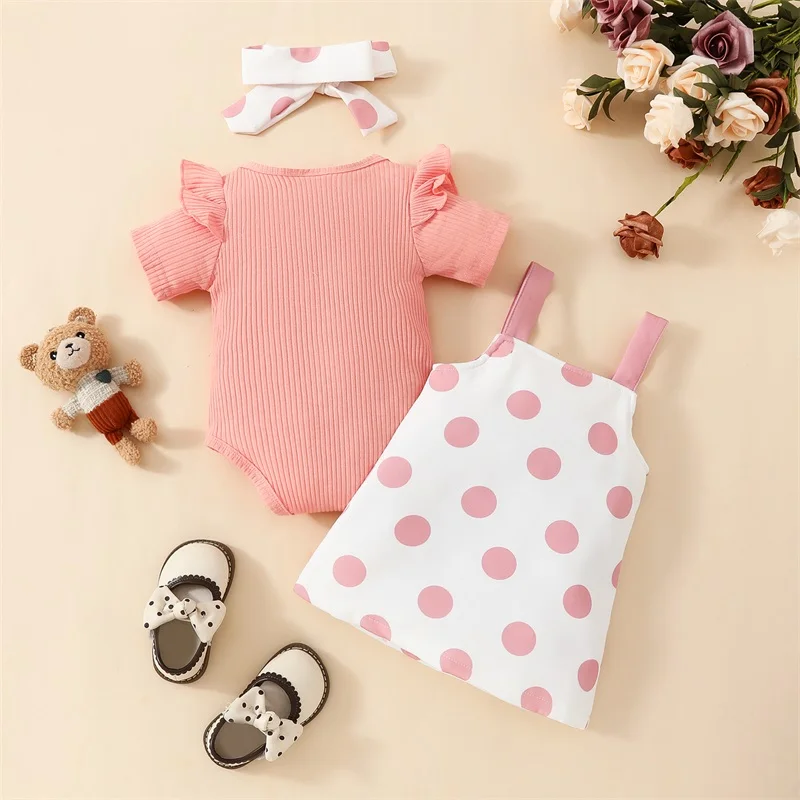 

Infant Baby Girl Clothes Short Sleeve Ribbed Romper Bear Overall Dress Suspender Skirt Set Spring Summer Outfit