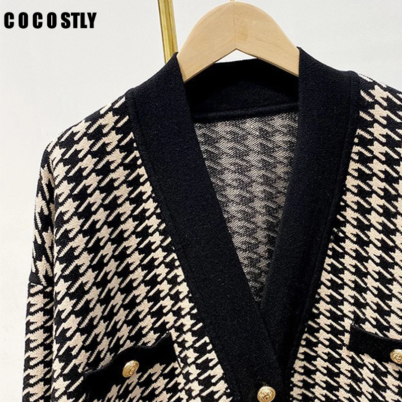 

Women Cardigan Autumn Winter Long Sleeve V-Neck Plaid Cardigan Elegant High Street Chic Houndstooth Sweater Loose Fashion Lady S