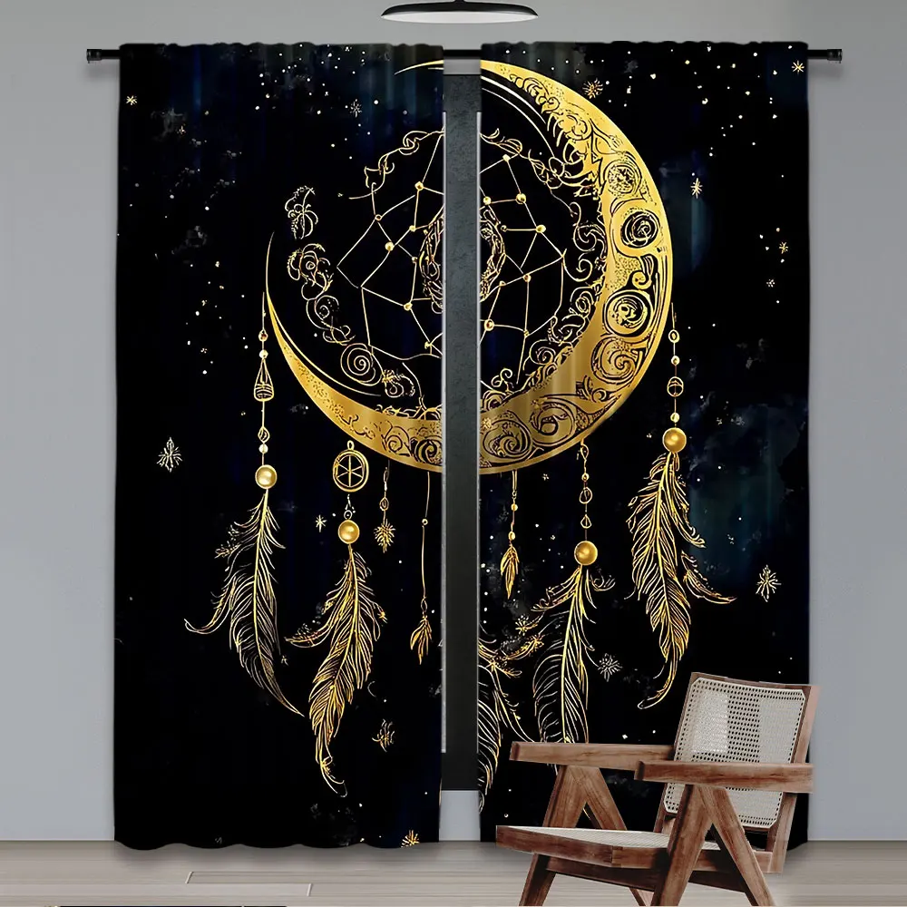 2Pcs Boho Moon Curtain Celestial Star Galaxy Starry Sky Tarot Dreamcatcher Curtains Suitable For Bedroom Living Room Dining Room 2