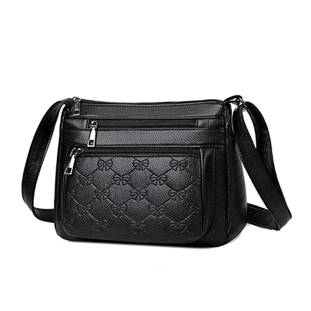 Leisure PU Leather Buying Vegetable Bag Large Capacity Multi-layer Shoulder Messenger Bag Black Crossbody Bag Woman 9