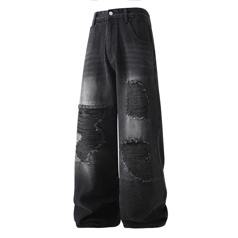 Punk Style Trend Fashion Ripped Jeans Straight leg jeans wide leg pants Hip Hop Clothing