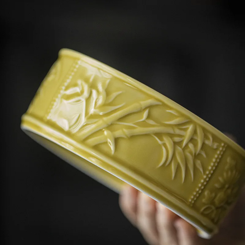 Light Yellow Relief Plum Orchid Ceramic Pot Bearing Support Kung Fu Tea Dry Bubble Tray Water Storage Holder With Cover Tea Tary