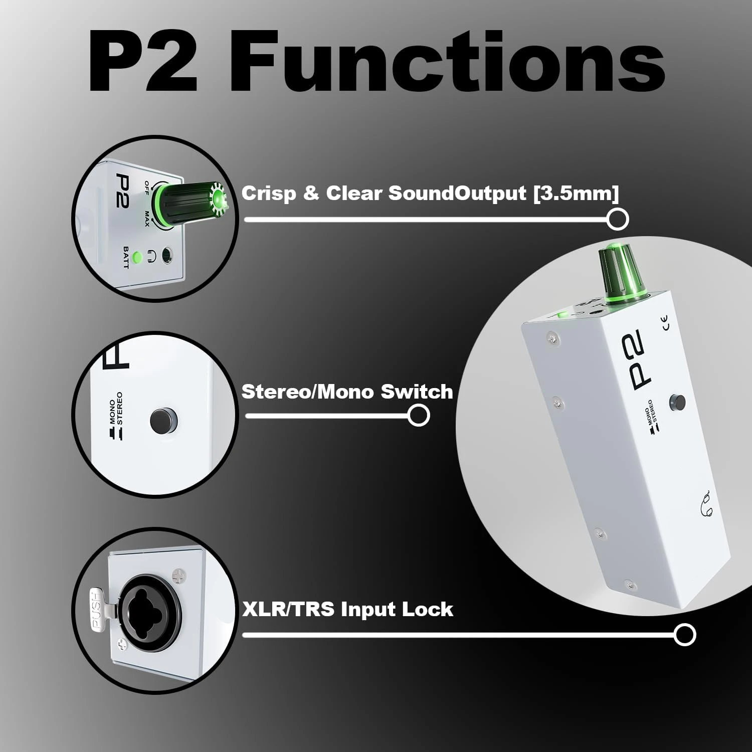 p2 인이어 모니터 앰프 내장 리튬 배터리 XLR/TRS 입력 3.5mm 출력 스테레오/모노