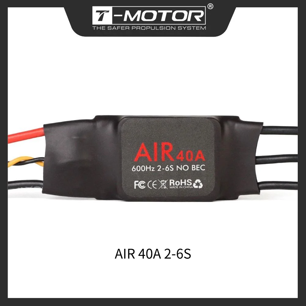 T-MOTOR Air 20A ESC câblé à un moteur brushless, prêt pour montage sur drone multirotor.