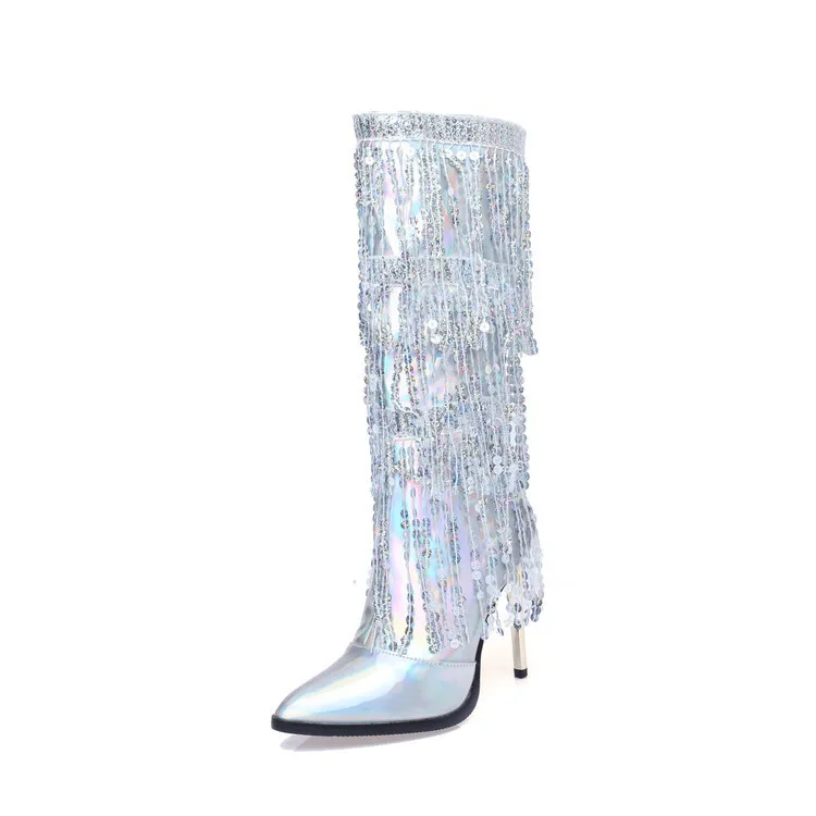 

Dropshipping Luxury Sequin Tassel Long Boots With Pointed Toe Thin Heel Zipper For Increased Visibility Slimming High Boots 46
