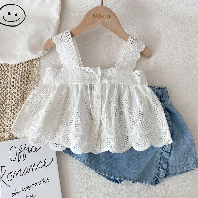 Girls Summer Clothes Set Cute Hollow Vest Top Denim Shorts