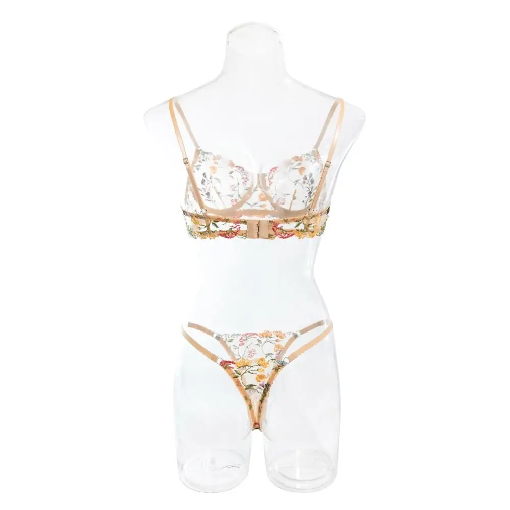 2-Piece Embroidery Lingerie Set Sexy Floral Sheer Wireless Bra Boho Bra Panty Set