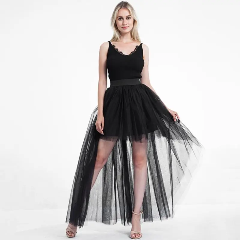 

Womens Mesh High Waist Pleated Maxi Dovetail Skirt Layered Tulle Hig