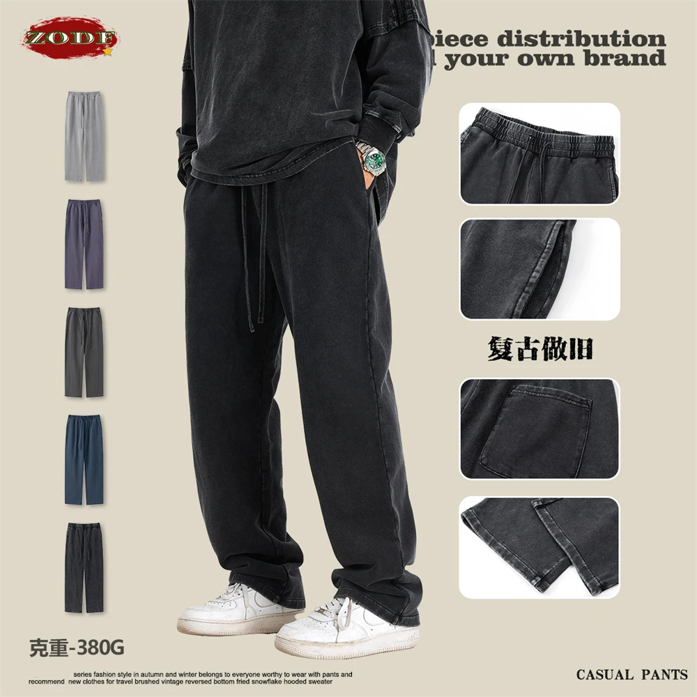 ZODF Retro 2024 Men Autumn Washed 380gsm Cotton Pants Unisex High Street Basic Oversized Solid Sport Straight Trousers HY0885 2