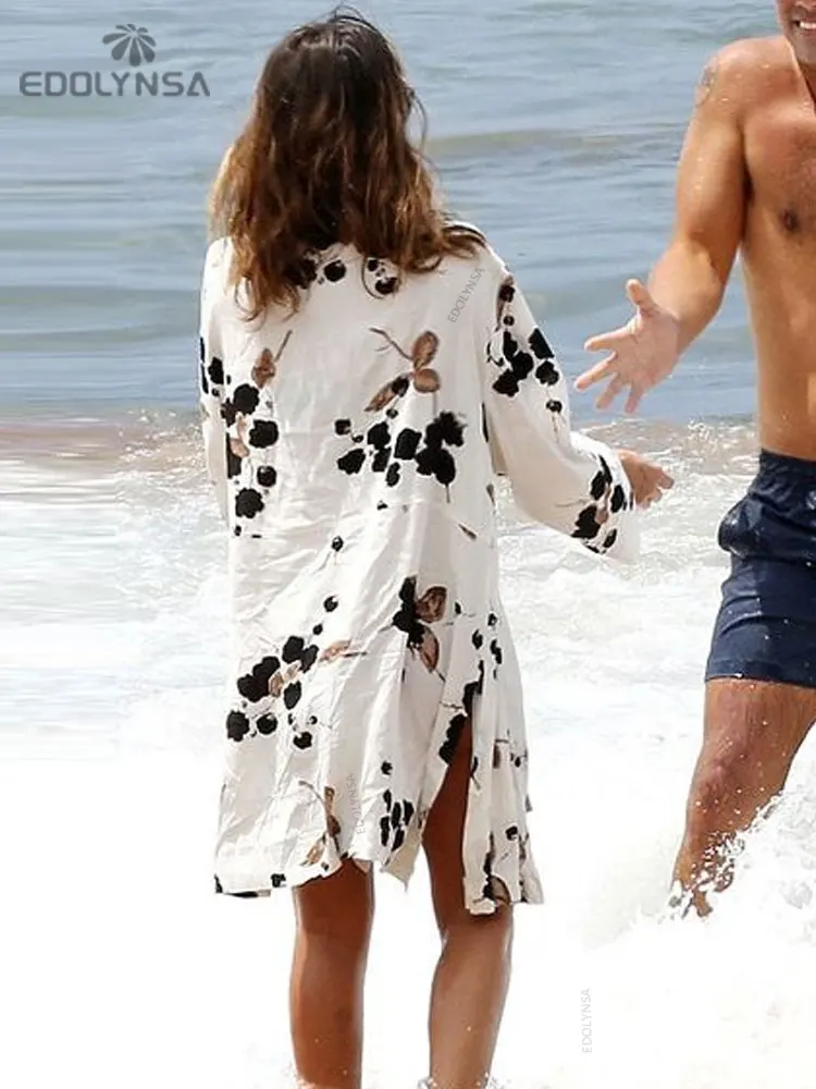 EDOLYNSA Beach Cover up Print Swimwear Ladies Walk on The Beach Cape Robe de Plage Tunic Women Beachwear Saida de Praia #Q22