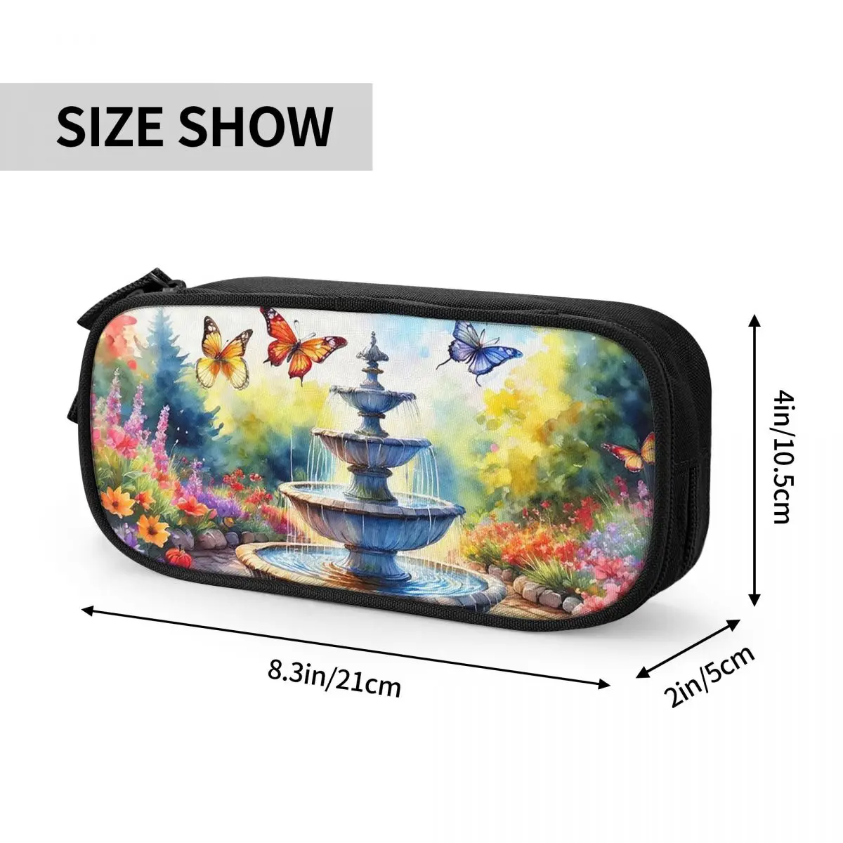 꽃과 새가 있는 정원 분수 학생용 연필 케이스 학교 펜 상자 연필 가방 대용량 연필 파우치