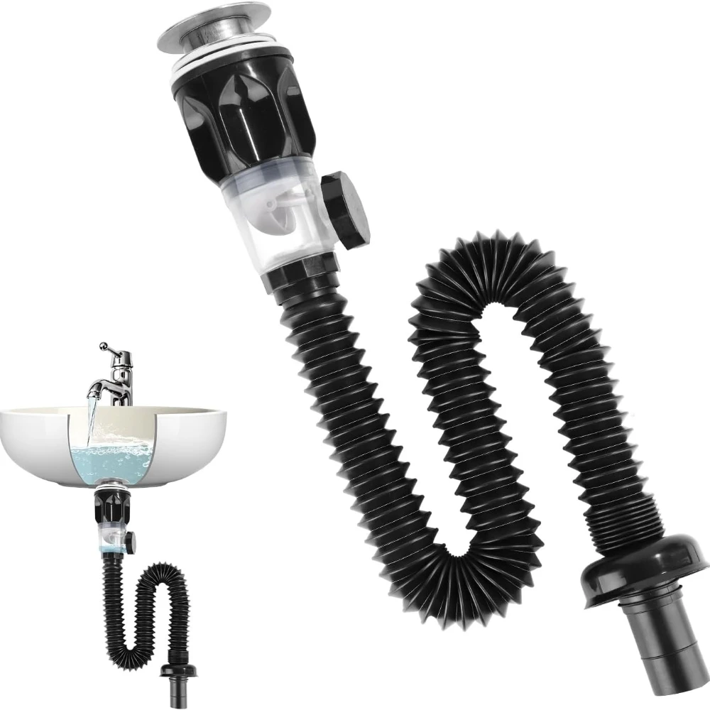 Kit de vidange de lavabo de salle de bain en ABS (1-5 pièces) avec bouchon de vidange, tuyau flexible et sortie latérale supérieure en acier inoxydable 1