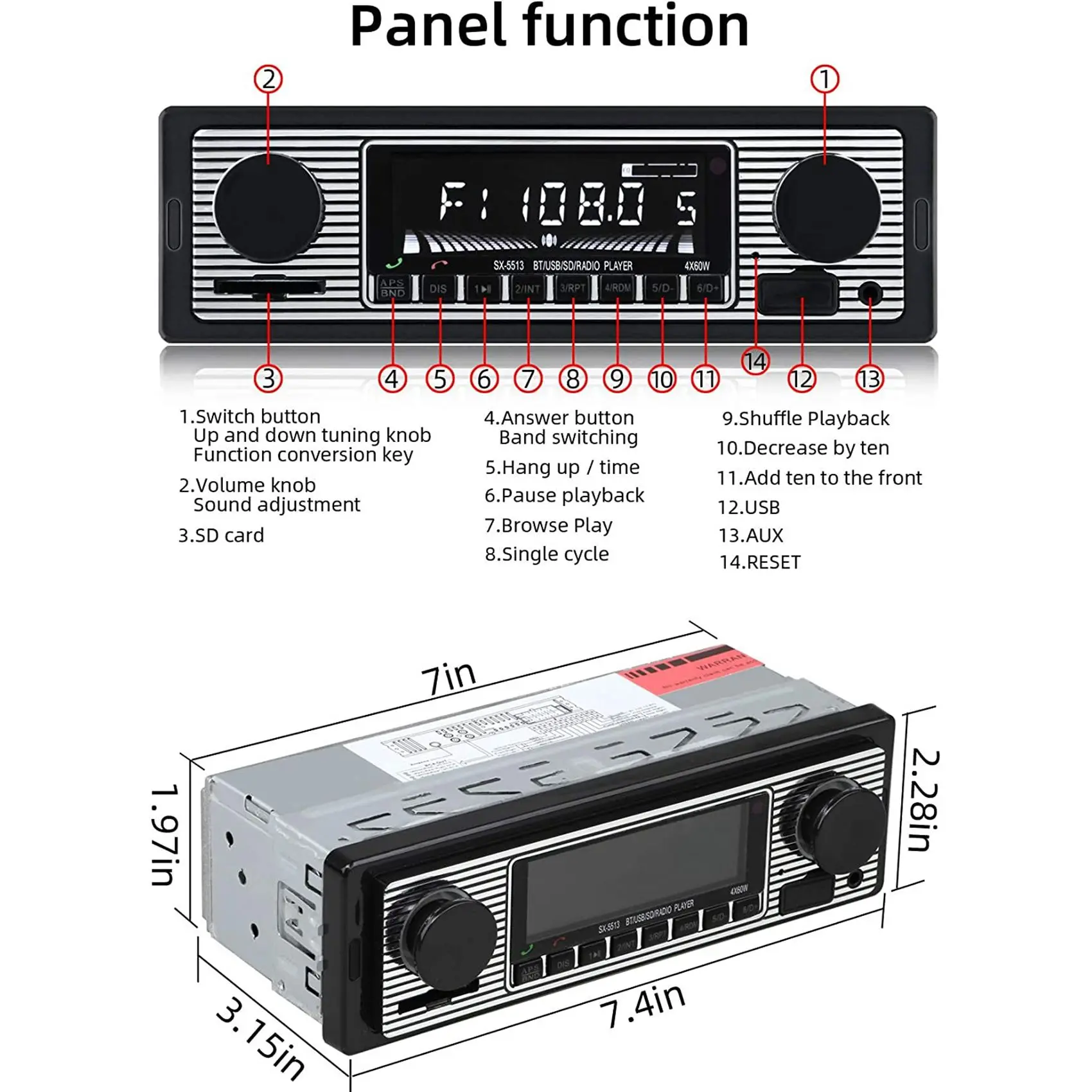 1 DIN 레트로 카 스테레오 오디오 자동차 블루투스 카 블루투스 USB/SD/AUX 카드 FM MP3 플레이어 PC 타입:ISO-5513