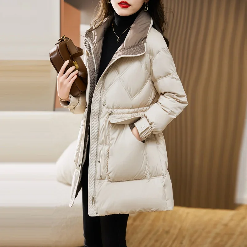 Down Jackets Women Winter Mid-length Coats Small Popular Fashion Slim Waist White Duck Commuting Straps Fluffy Keep Warm Tops