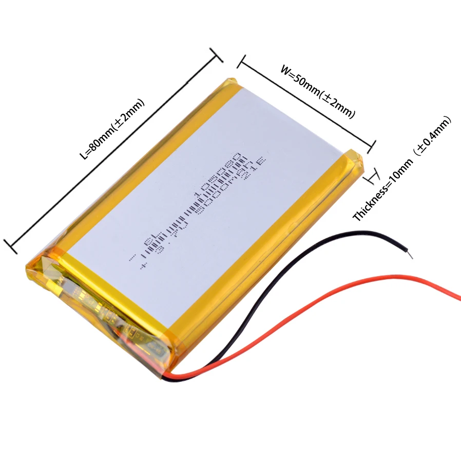 Batteries RC Li-Po 3.7V 4500mAh modèle 905080, vue de côté montrant l'épaisseur