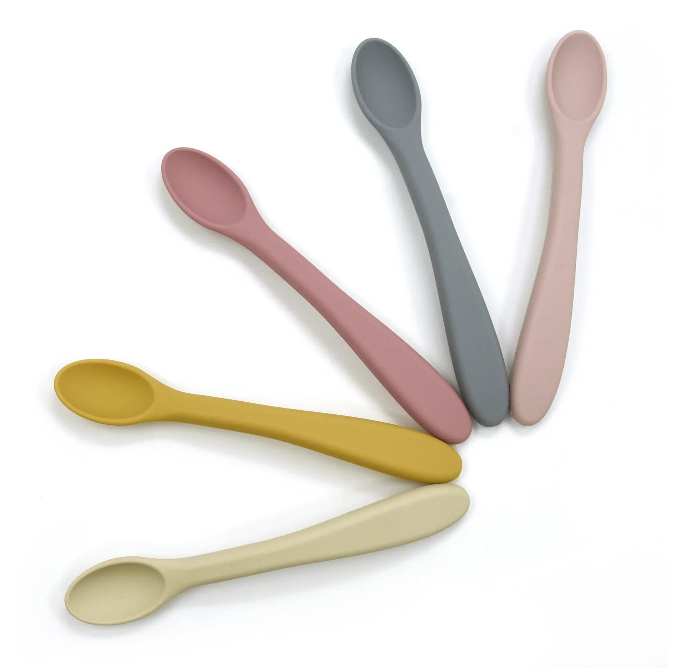Custom BPA free Food Grade Baby First Stage Soft Feeding Tipped Toddler Utensils Set Silicone Baby Spoon 5