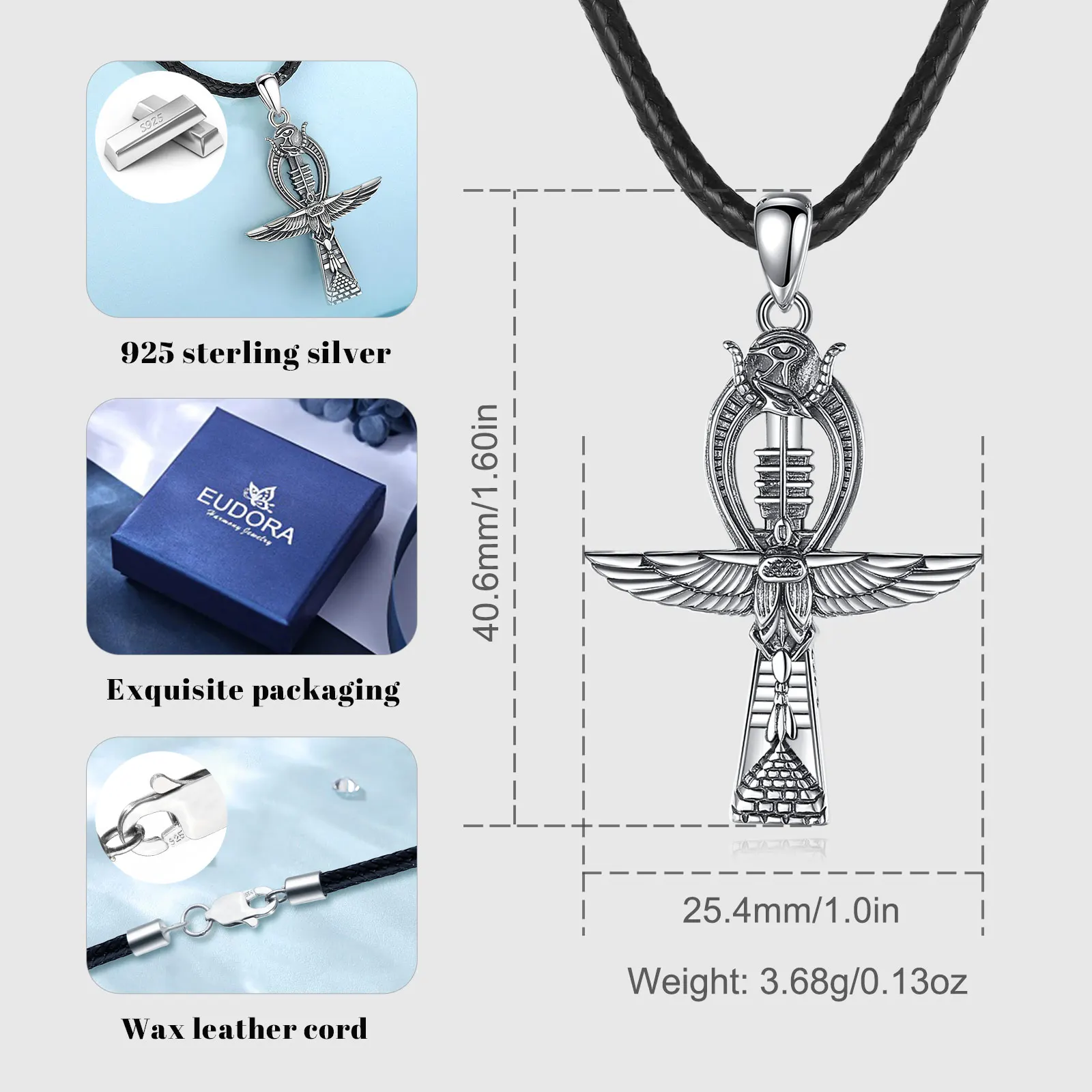 Eudora 925 Sterling Silver Ankh Cross Necklace for Women Man Eagle Scarab Eye Of Horus Amulet Pendant Egyptian Jewelry Fine Gift - Image 2