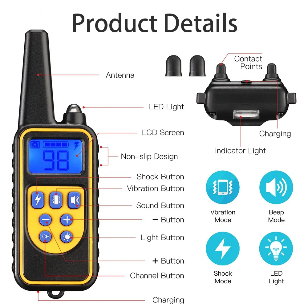 Electric Pet Dog Training Collar Shock Training Collar Electronic Remote Control Waterproof Rechargeable 5