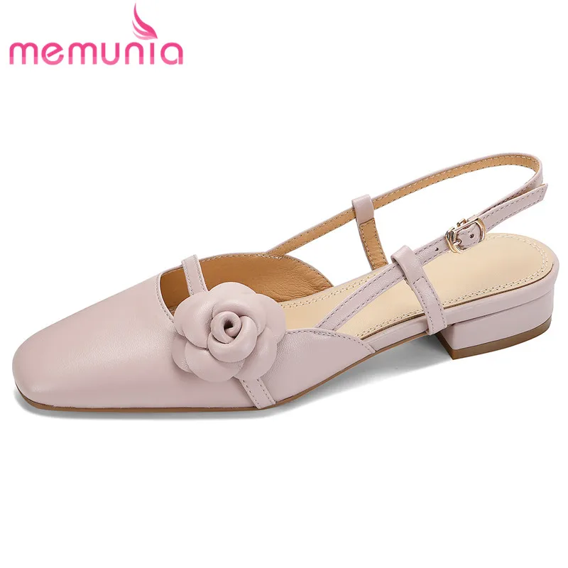 

MEMUNIA 2023 New Size 33-40 Flower Genuine Leather Sandals Woman Ladies Slingbacks Buckle Sandals Square Low Heels Summer Shoes