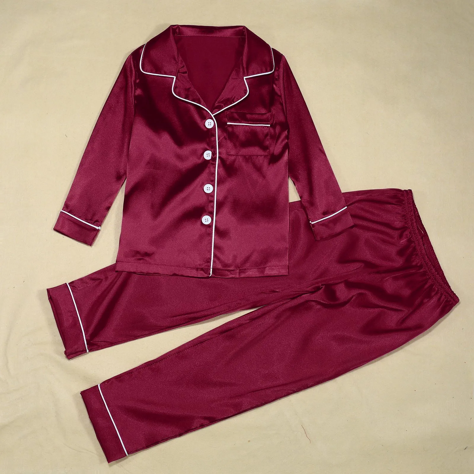 2024 Satin Silk Pajama Sets Solid Color 2 Piece Family Matching Sleepwear Mother Father Kid Shirts+Pants Parent-Child Outfits 3