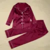 2024 Satin Silk Pajama Sets Solid Color 2 Piece Family Matching Sleepwear Mother Father Kid Shirts+Pants Parent-Child Outfits 3