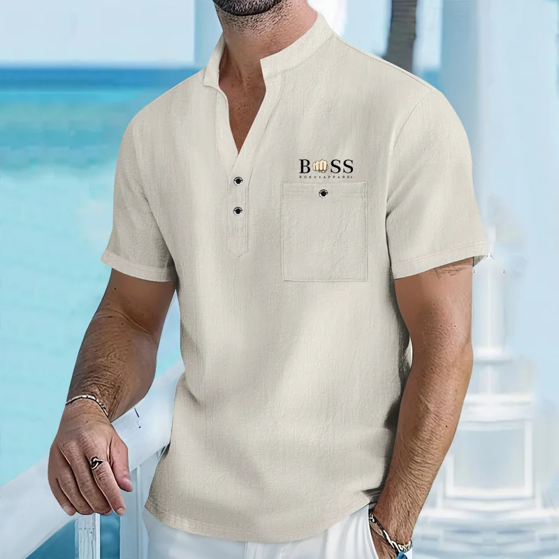 Men’s Cotton Linen Henley Shirt Breathable Summer Casual Fit Tee Tshirt Fun Gift